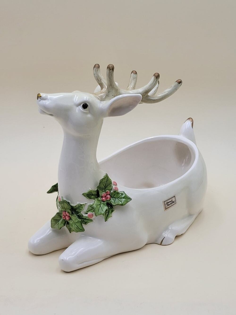 FITZ & FLOYD Christmas Stag Reindeer Centerpiece Rare 11" Candy Dish VTG 1984